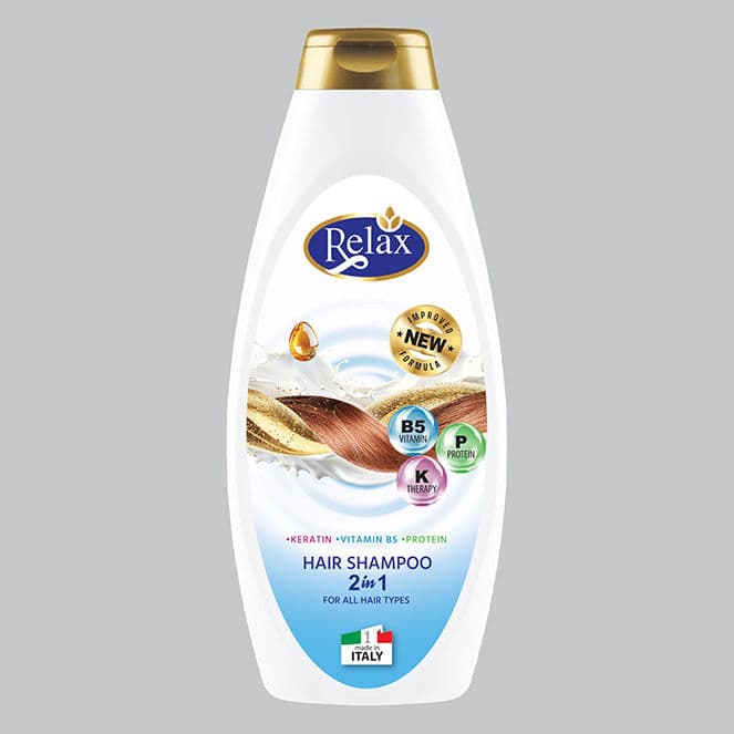 شامبو وبلسم Relax 2 في 1 - علاج الكيراتين والفيتامينات (لجميع أنواع الشعر) 750 مل